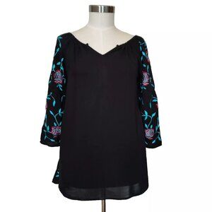 3/$20 XS SCULLY Women's Boho Western Blouse Top Black & Turquoise Embroidery